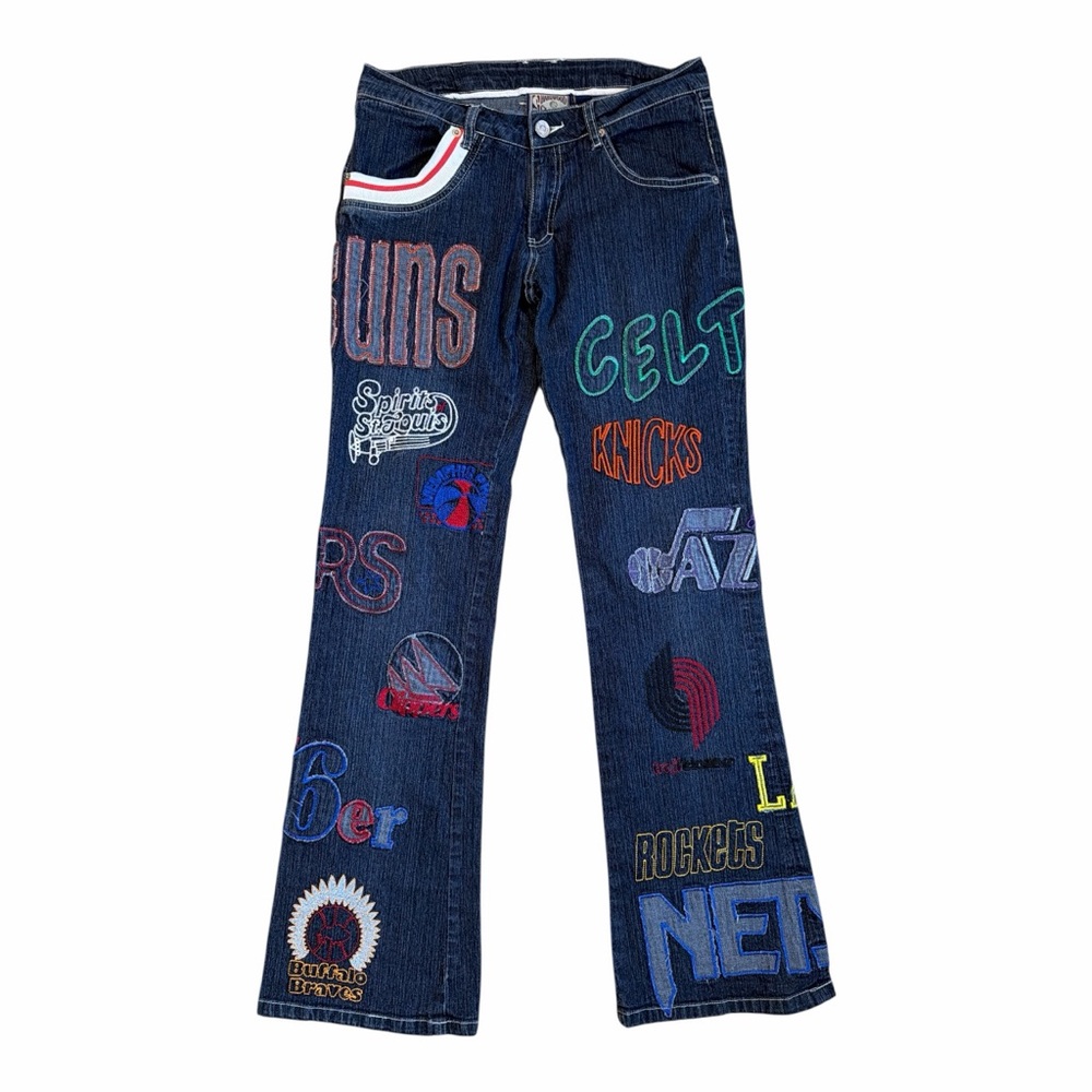 Vintage Carl Banks NBA Patchwork Jeans Sz 9 Y2K Bootcut Denim